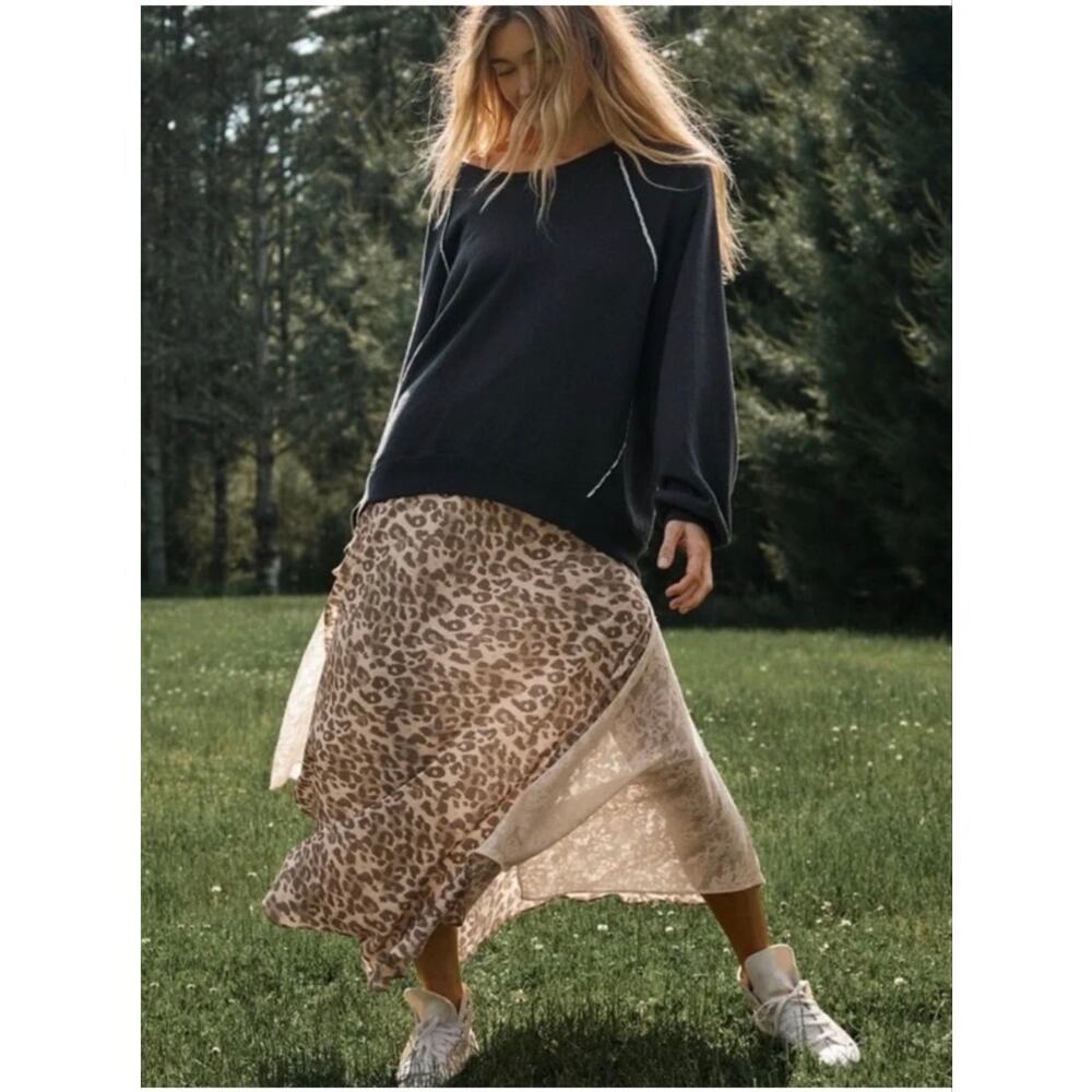 Aerie Leopard Print Satin Maxi Skirt with Lace Panel size XXS - NWT